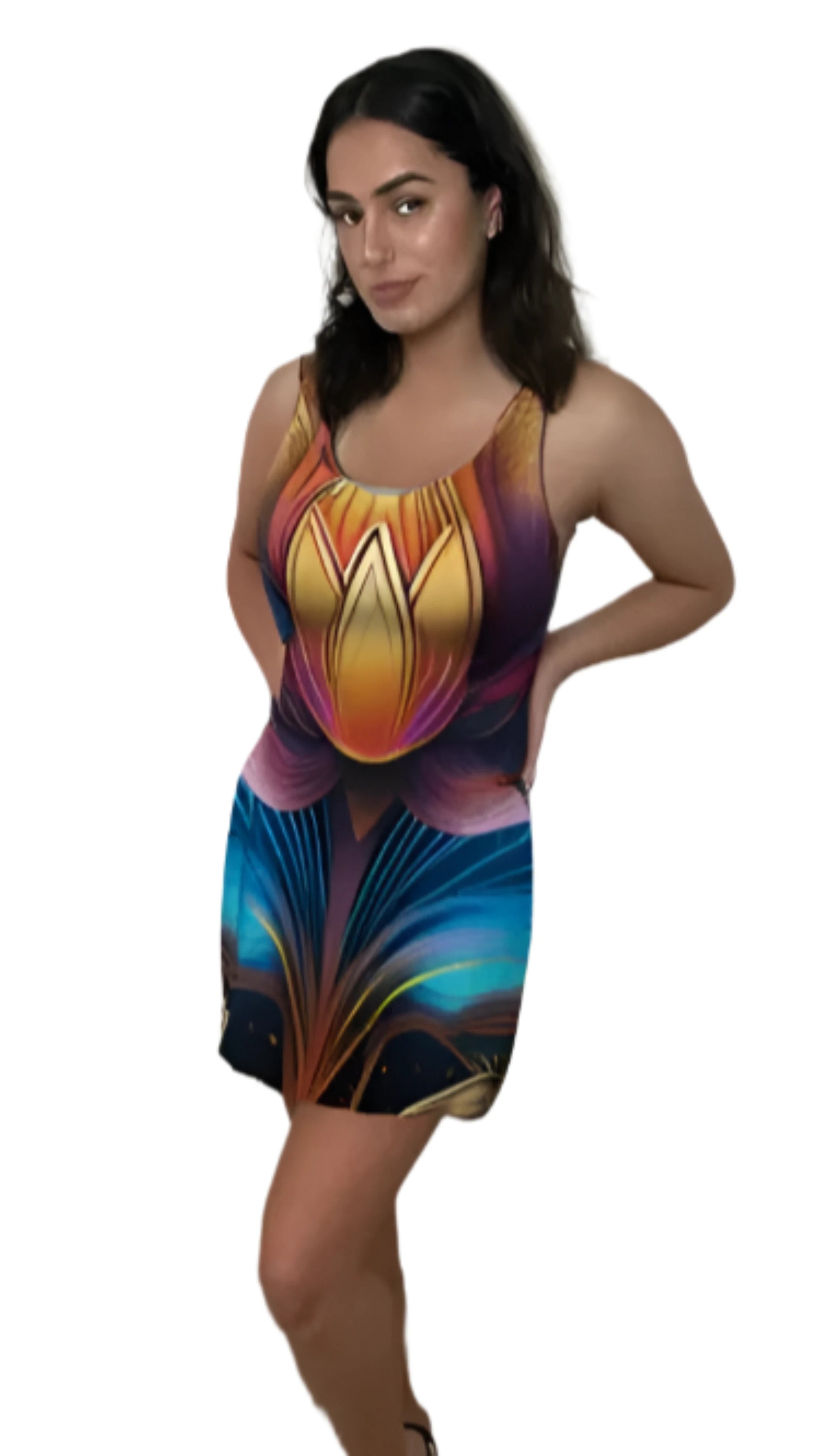 Luckeladybug flare dress with vibrant colorful floral pattern showcasing timeless elegance floral dress style