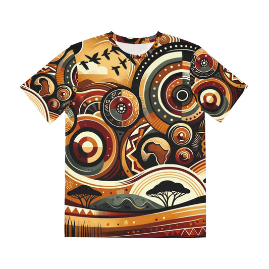 LuckeLadybug traditional African pattern tee with earth tones and cultural motifs on a short sleeve shirt