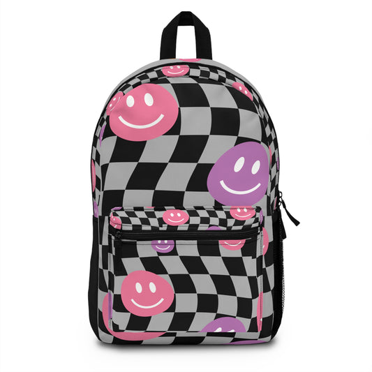 Printify trendy smiley face bag with black and white checkered pattern and pink and purple smiley faces