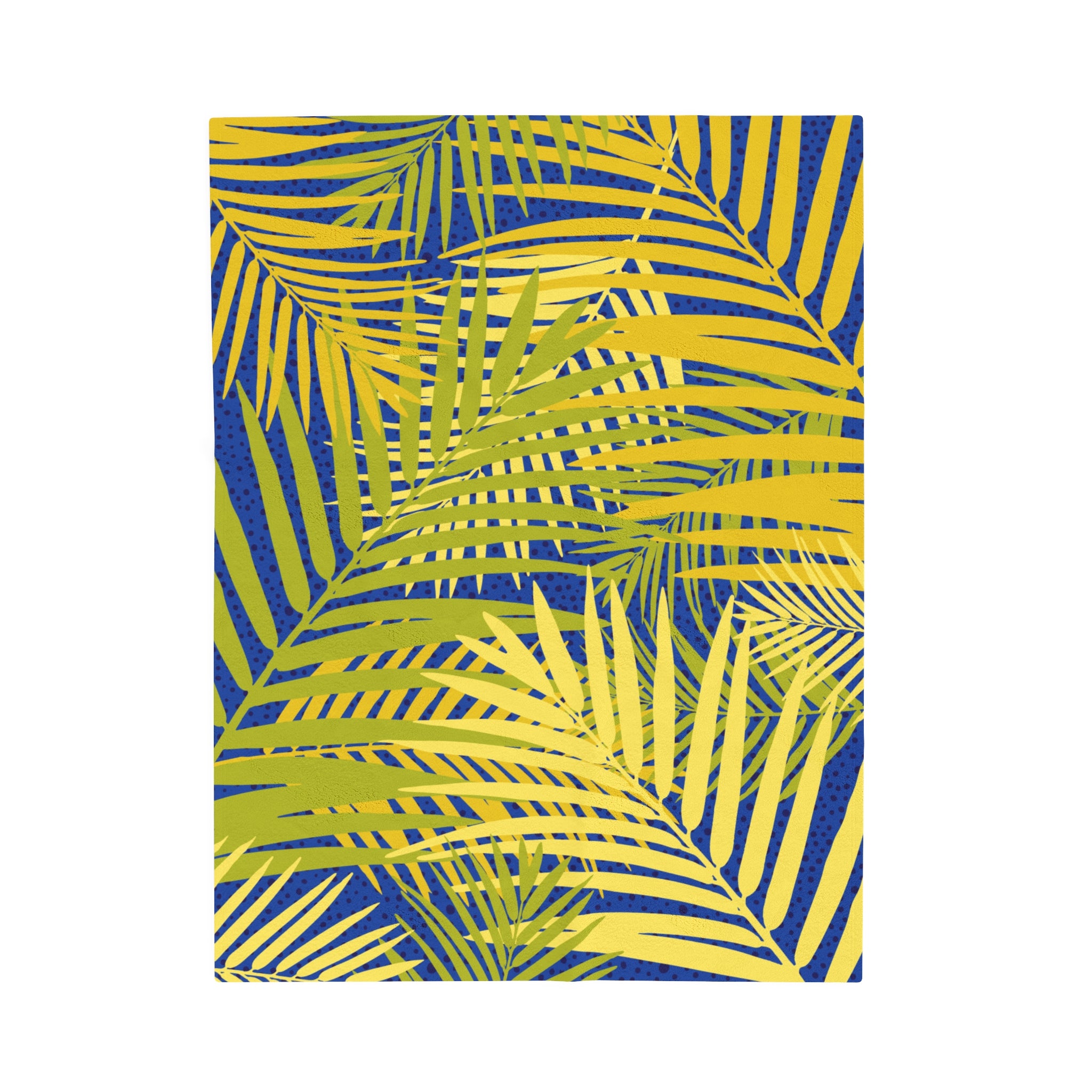 LuckeLadybug tropical palm print blanket with yellow and green palm leaves on blue background