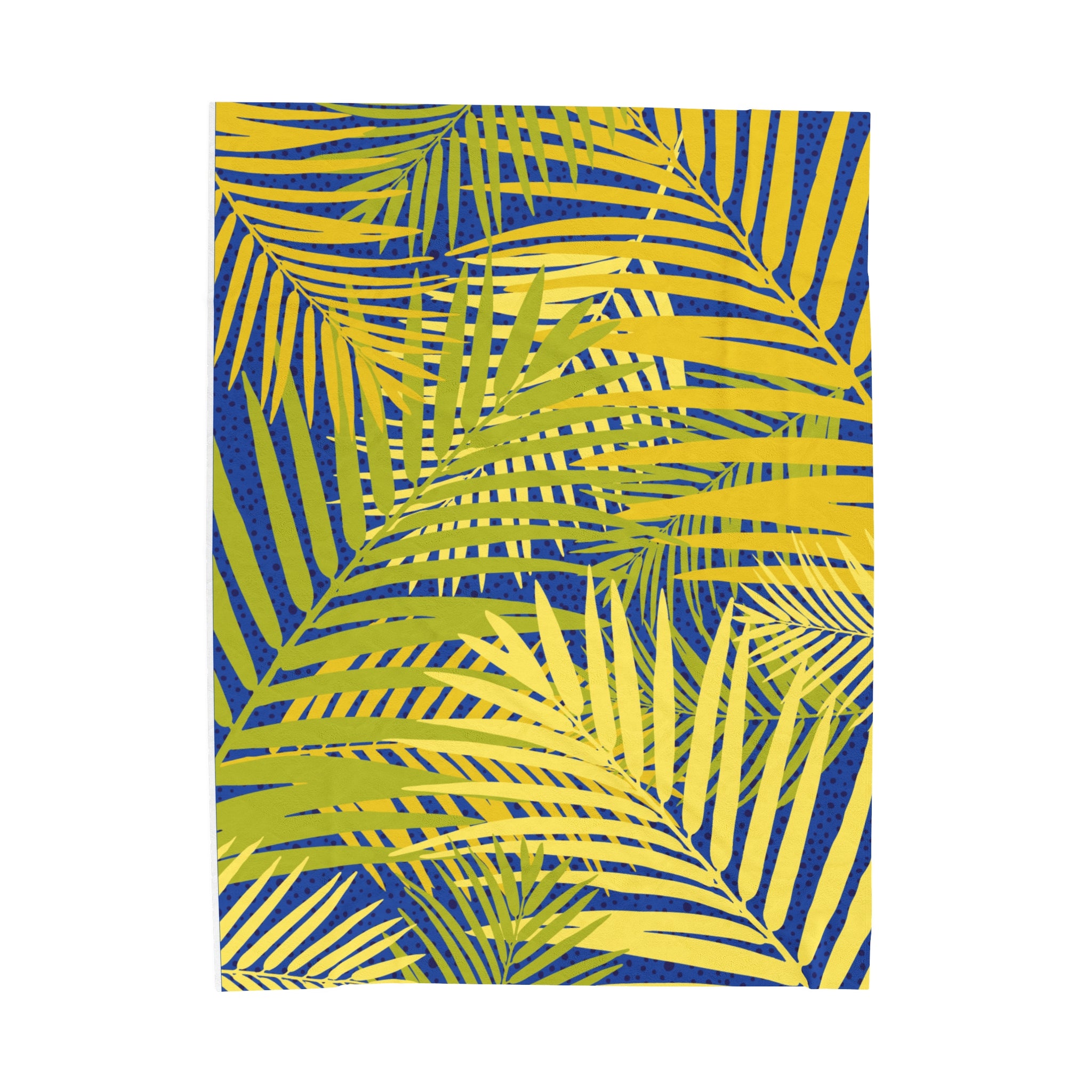 LuckeLadybug tropical palm print blanket with vibrant yellow and green palm leaves on blue background