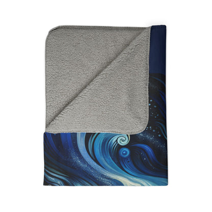 LuckeLadybug sherpa blanket with blue wave design and soft gray lining ultra cozy throw for living room