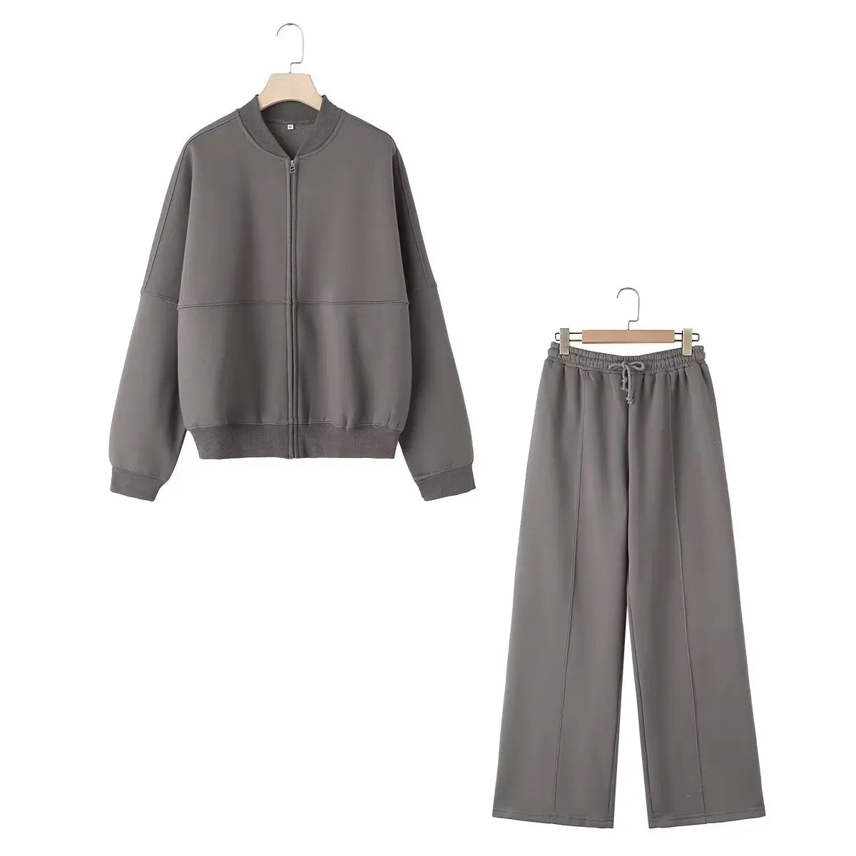 Relaxed women's 2 piece fall outfit featuring zip-up jacket and wide-leg pants in gray