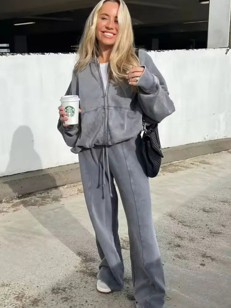 Comfortable gray women's 2 piece fall outfit with a zip-up jacket and matching pants