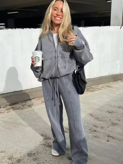 Comfortable gray women's 2 piece fall outfit with a zip-up jacket and matching pants