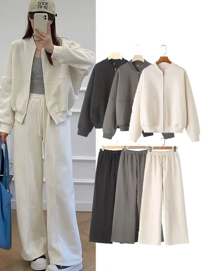 LuckeLadybug women's 2 piece fall outfit featuring a stylish jacket and wide-leg pants in neutral colors