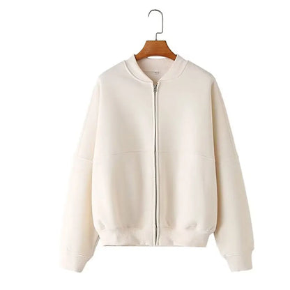 LuckeLadybug LLC women's 2 piece fall outfit featuring a stylish cream zip-up bomber jacket