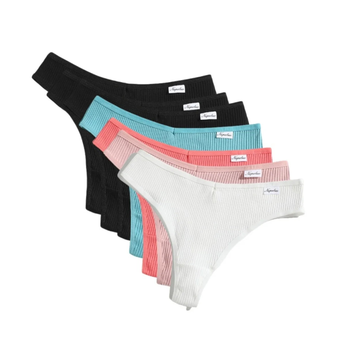 Women's cotton thong set in assorted colors including black, white, pink, and blue for everyday comfort