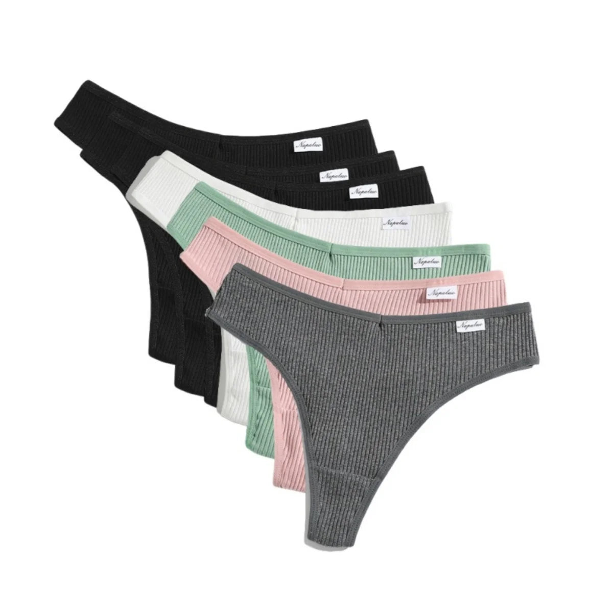 Set of women's cotton thong set in various colors including black, gray, pink, and mint green