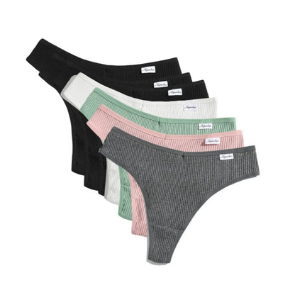Set of women's cotton thong set in various colors including black, gray, pink, and mint green