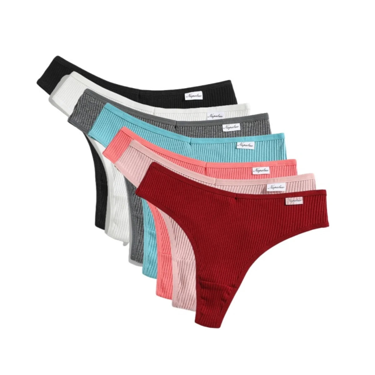 Pack of women's cotton thong set in various colors including red, black, and blue for comfort and style