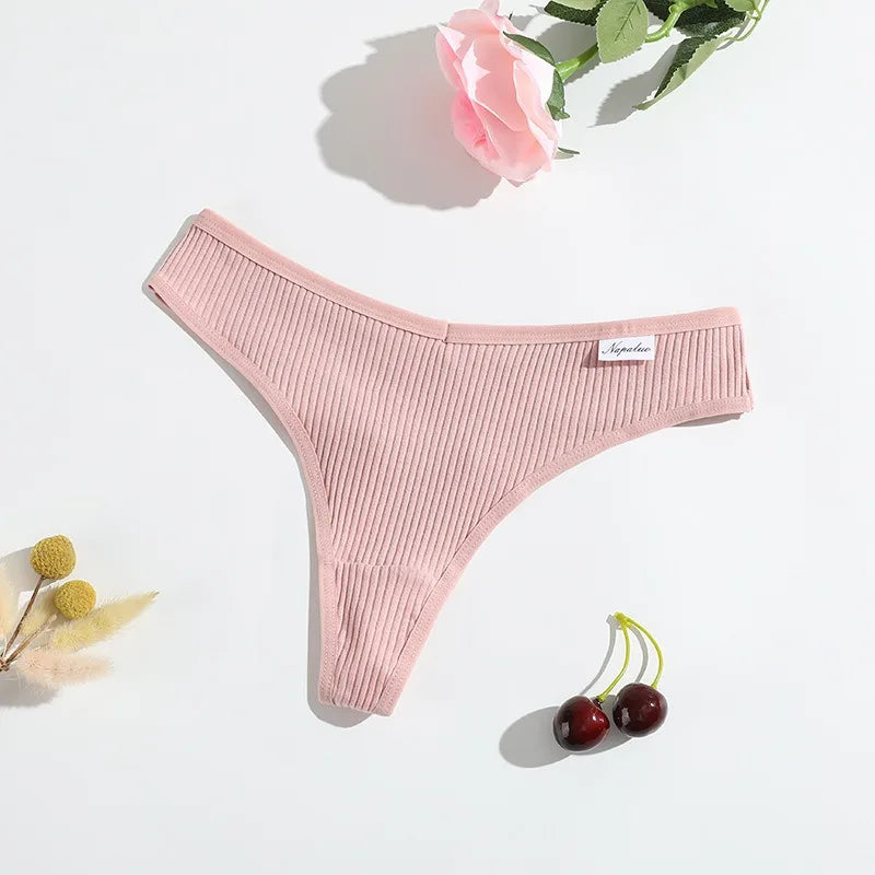 LuckeLadybug women's cotton thong set in soft pink with a ribbed texture for comfort and style