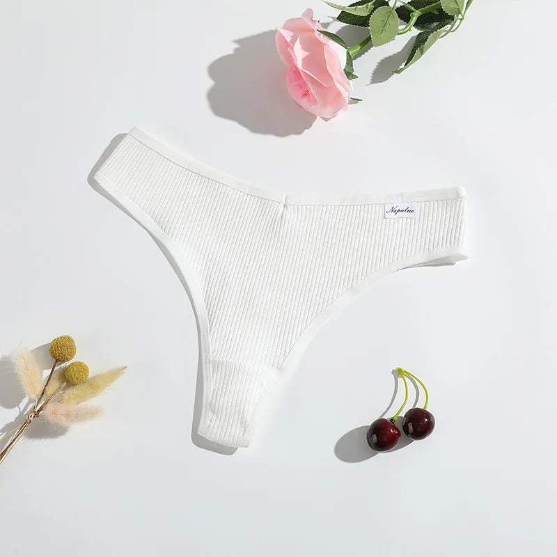 LuckeLadybug women's cotton thong set in white with ribbed texture and comfortable fit