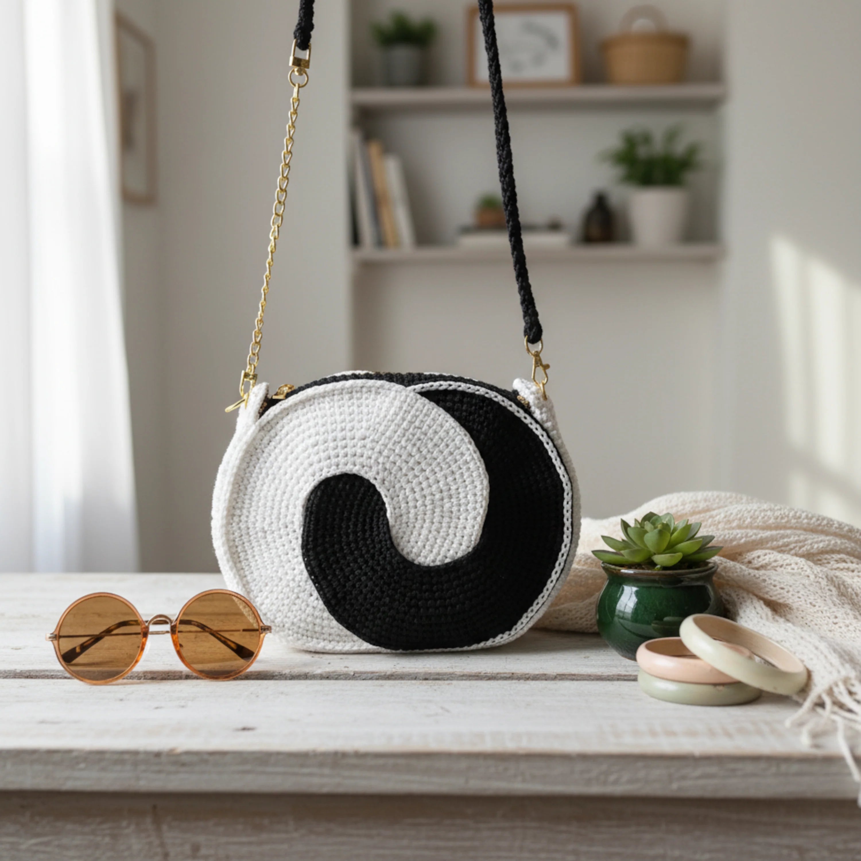 Yin & Yang Harmony African Handmade Crochet Sling Purse