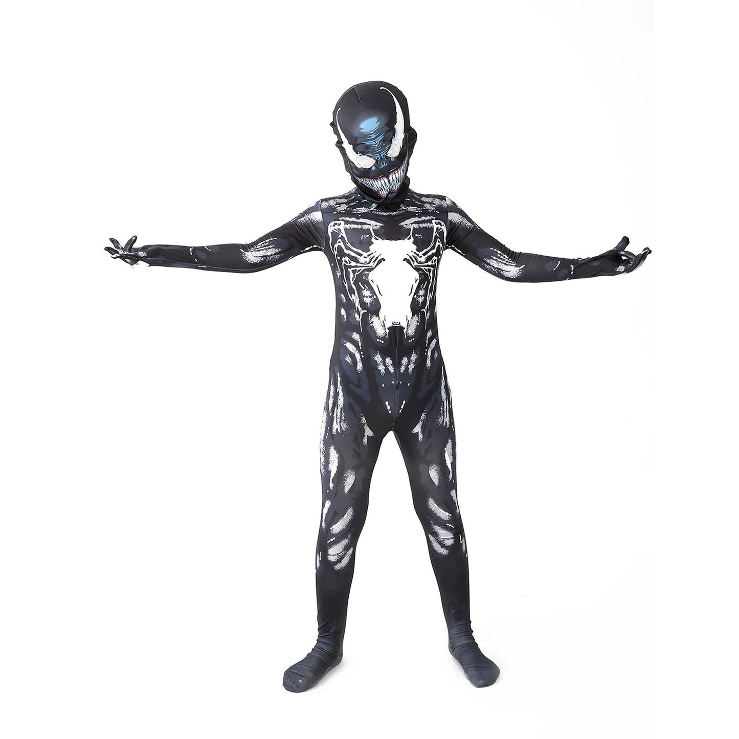 Kids Venom costume for kids featuring a full bodysuit with a mask, perfect for Halloween or dress-up