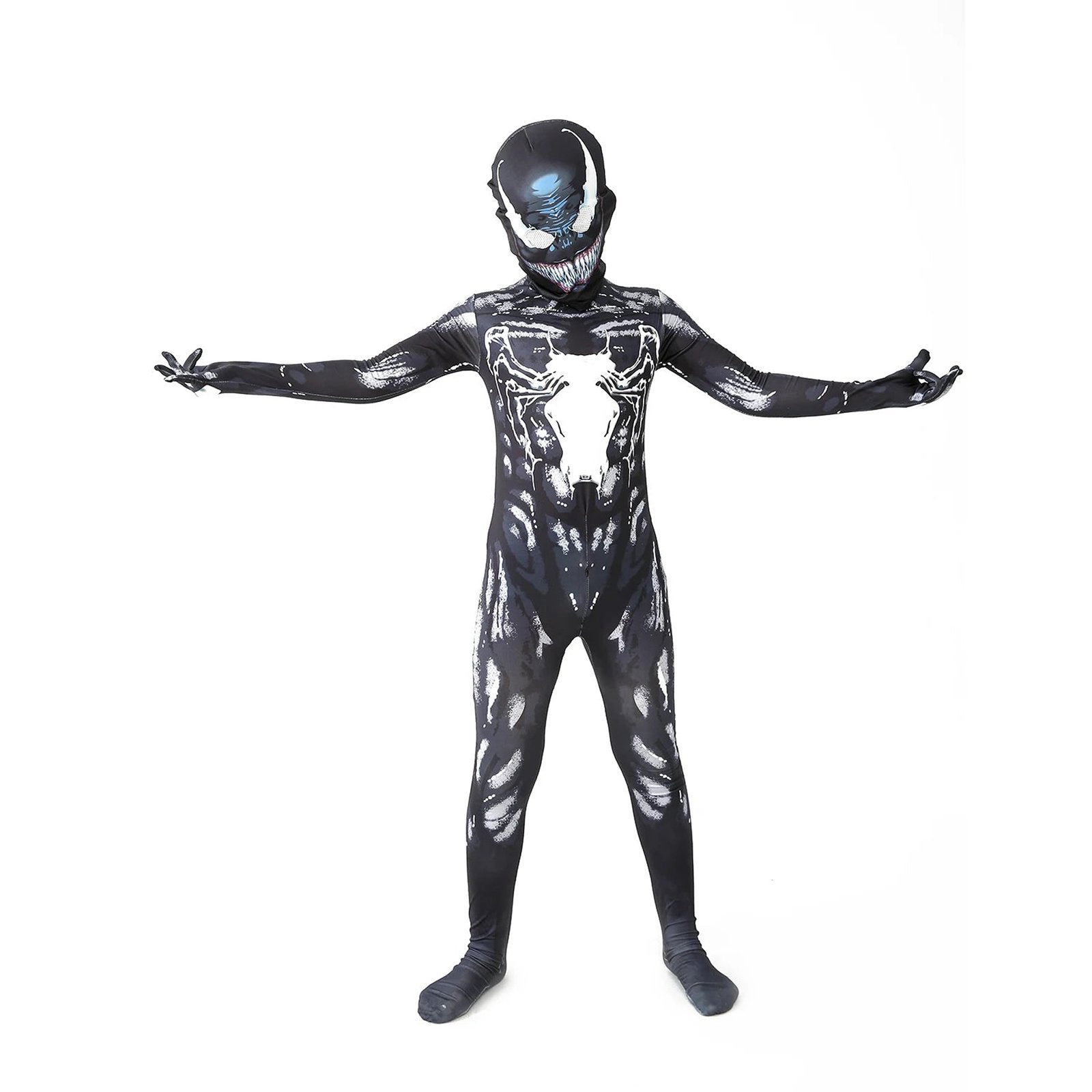 Kids Venom costume for kids featuring a full bodysuit with a mask, perfect for Halloween or dress-up