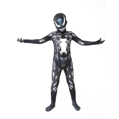 Kids Venom costume for kids featuring a full bodysuit with a mask, perfect for Halloween or dress-up