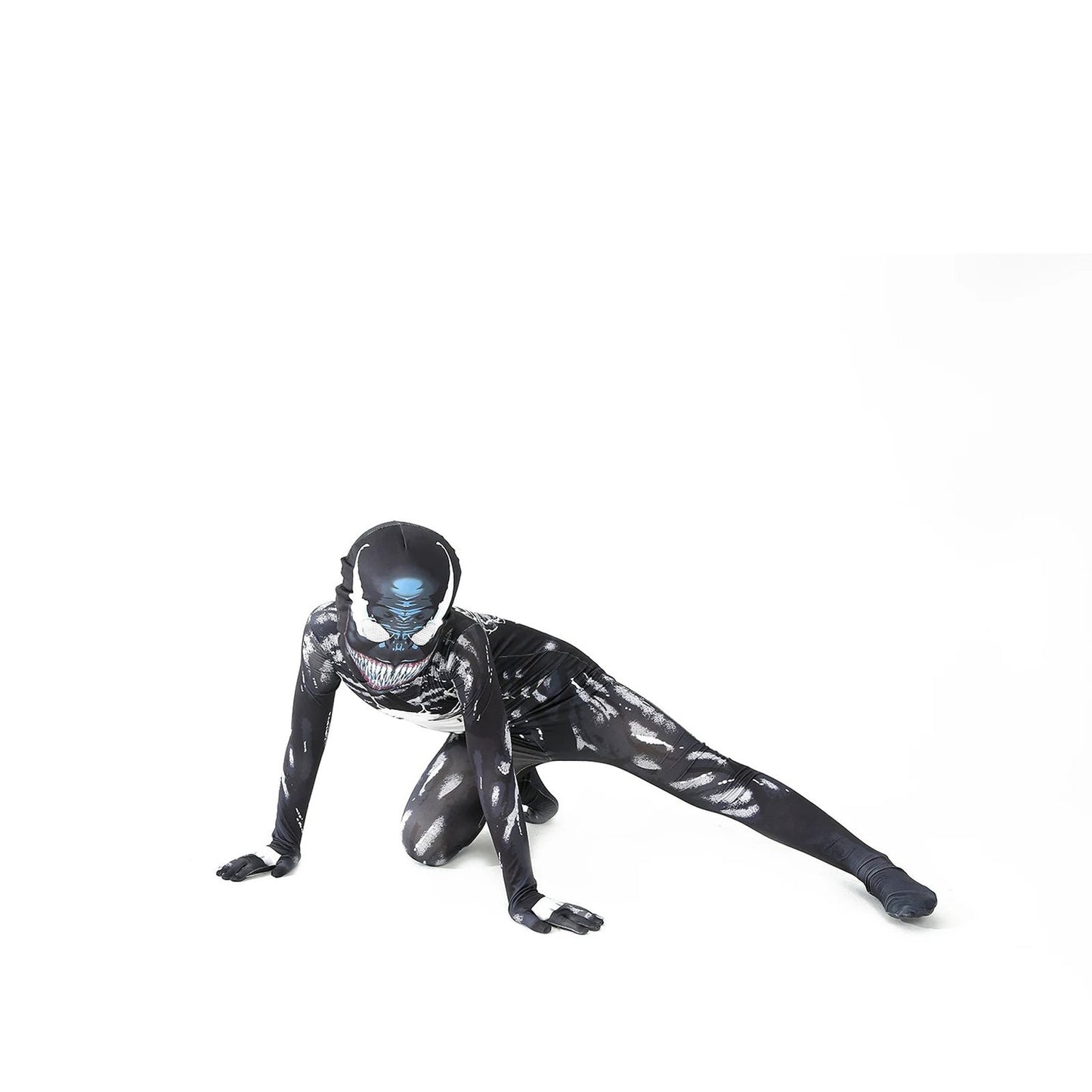 Kids in a sleek black venom costume for kids with blue details, perfect for Halloween or dress-up play