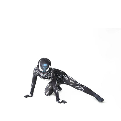 Kids in a sleek black venom costume for kids with blue details, perfect for Halloween or dress-up play