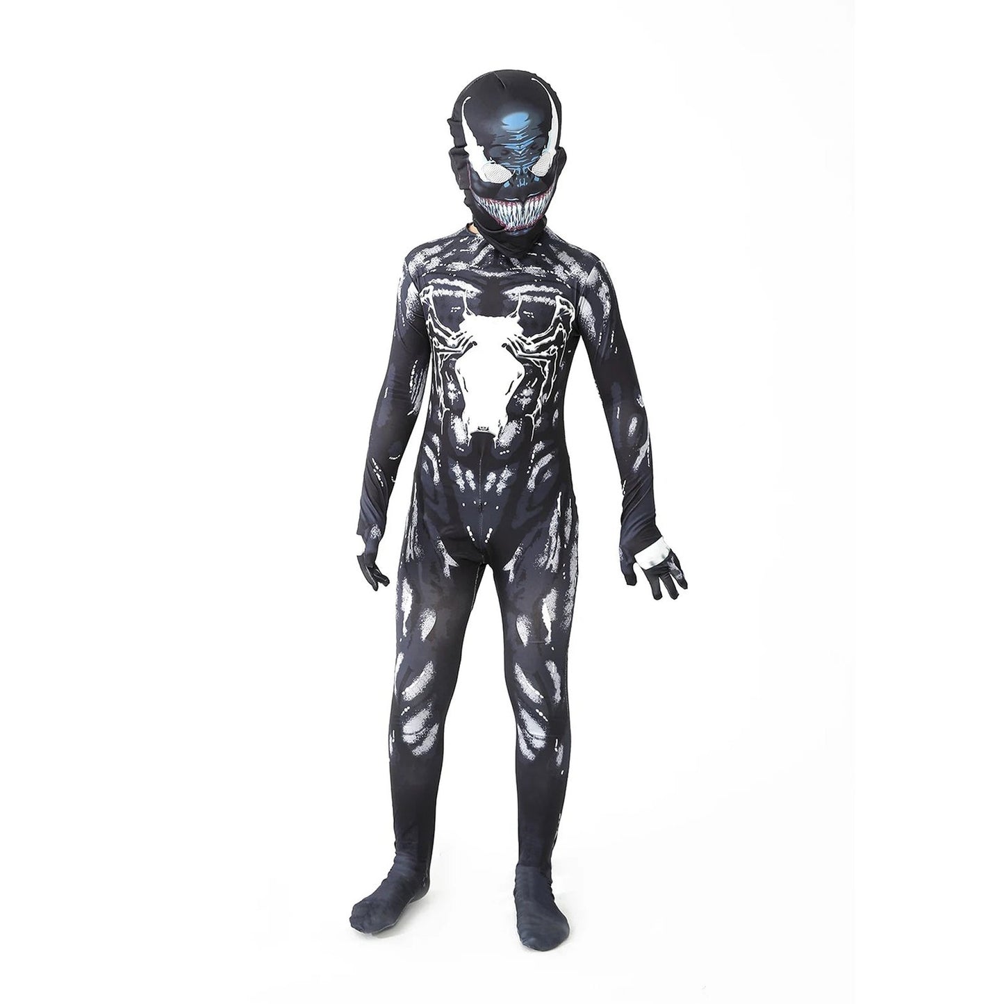 Kids Venom costume for kids by LuckeLadybug LLC featuring a detailed black and white design