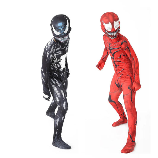 Venom costume for kids featuring black and red designs with realistic details and masks