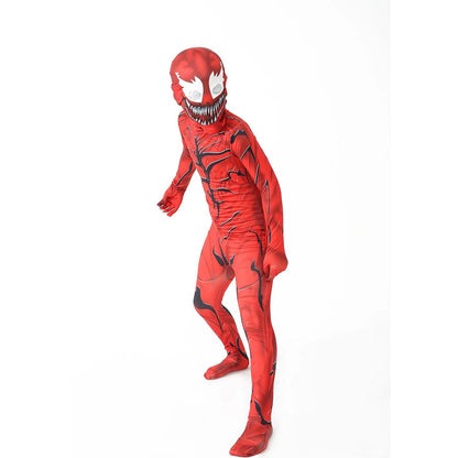 Carnage-inspired venom costume for kids with all-over red design for superhero play