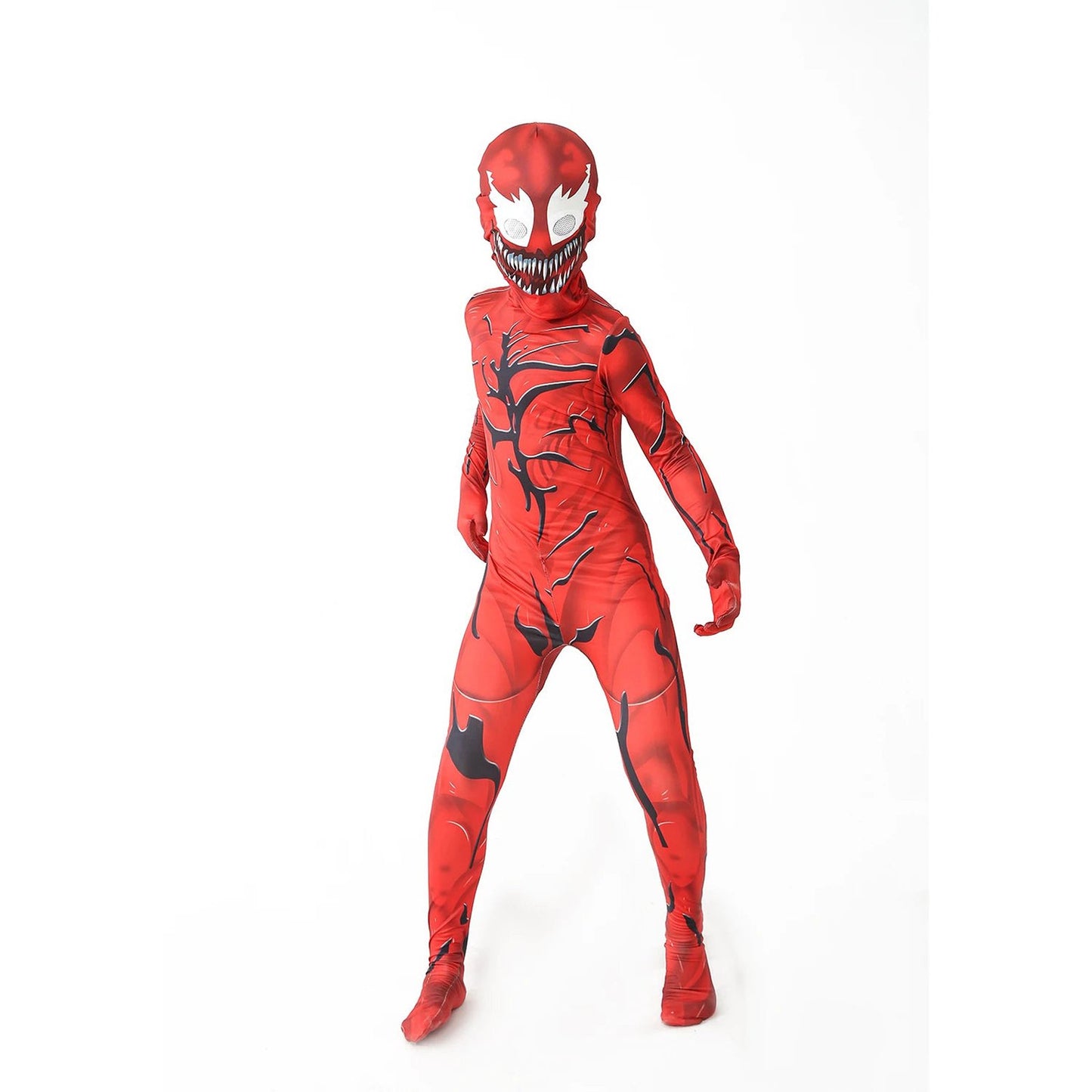 Kids' red Carnage costume with detailed design, perfect for Halloween or costume parties featuring venom costume for kids