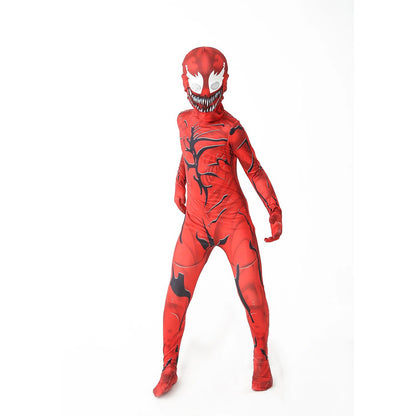 Kids' red Carnage costume with detailed design, perfect for Halloween or costume parties featuring venom costume for kids