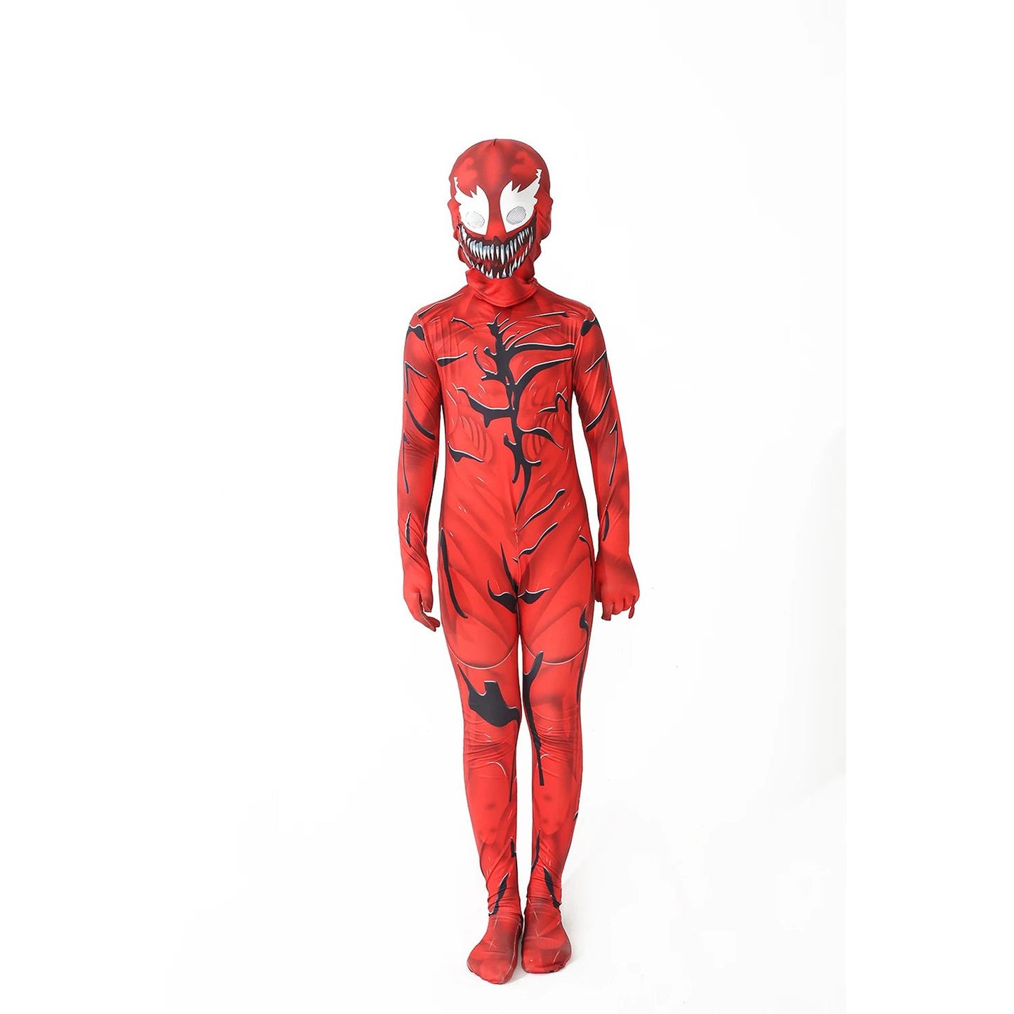 Carnage-inspired red venom costume for kids with full coverage and eerie facial features