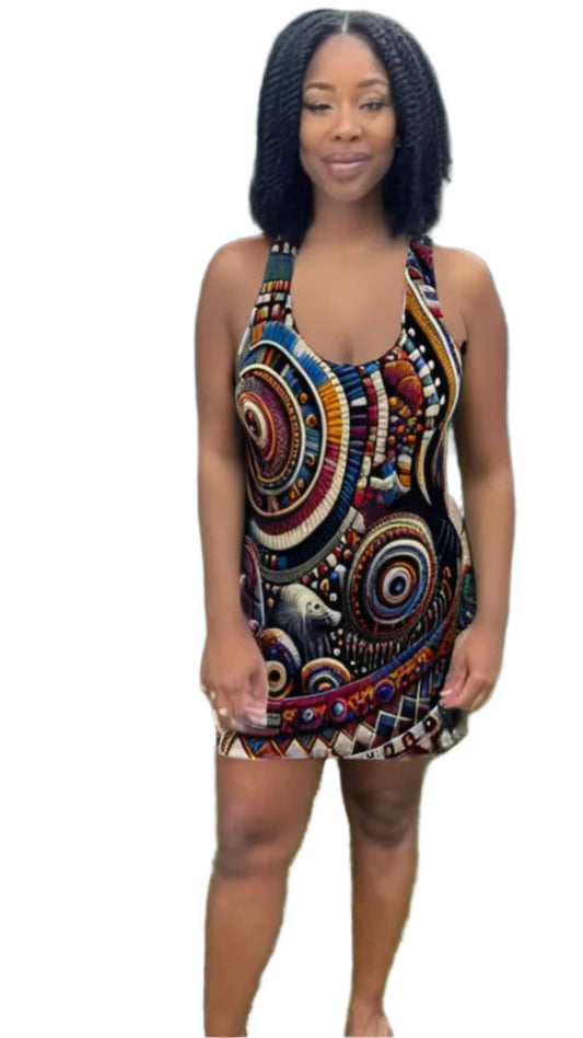 Luckeladybug racerback vibrant ethnic style dress for women with colorful circular patterns