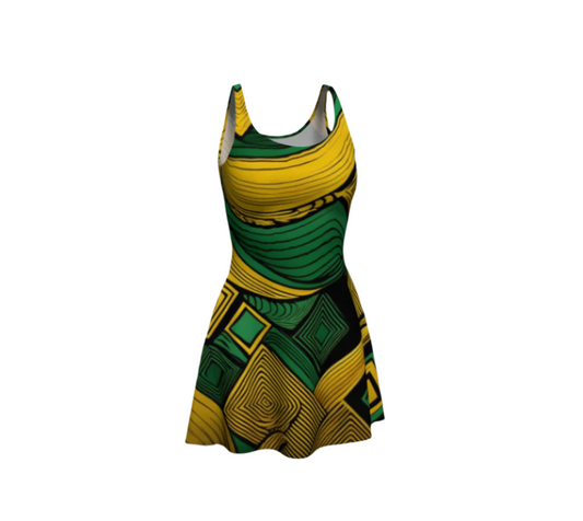 Luckeladybug vibrant patterned summer dress flare dress with green and yellow geometric design