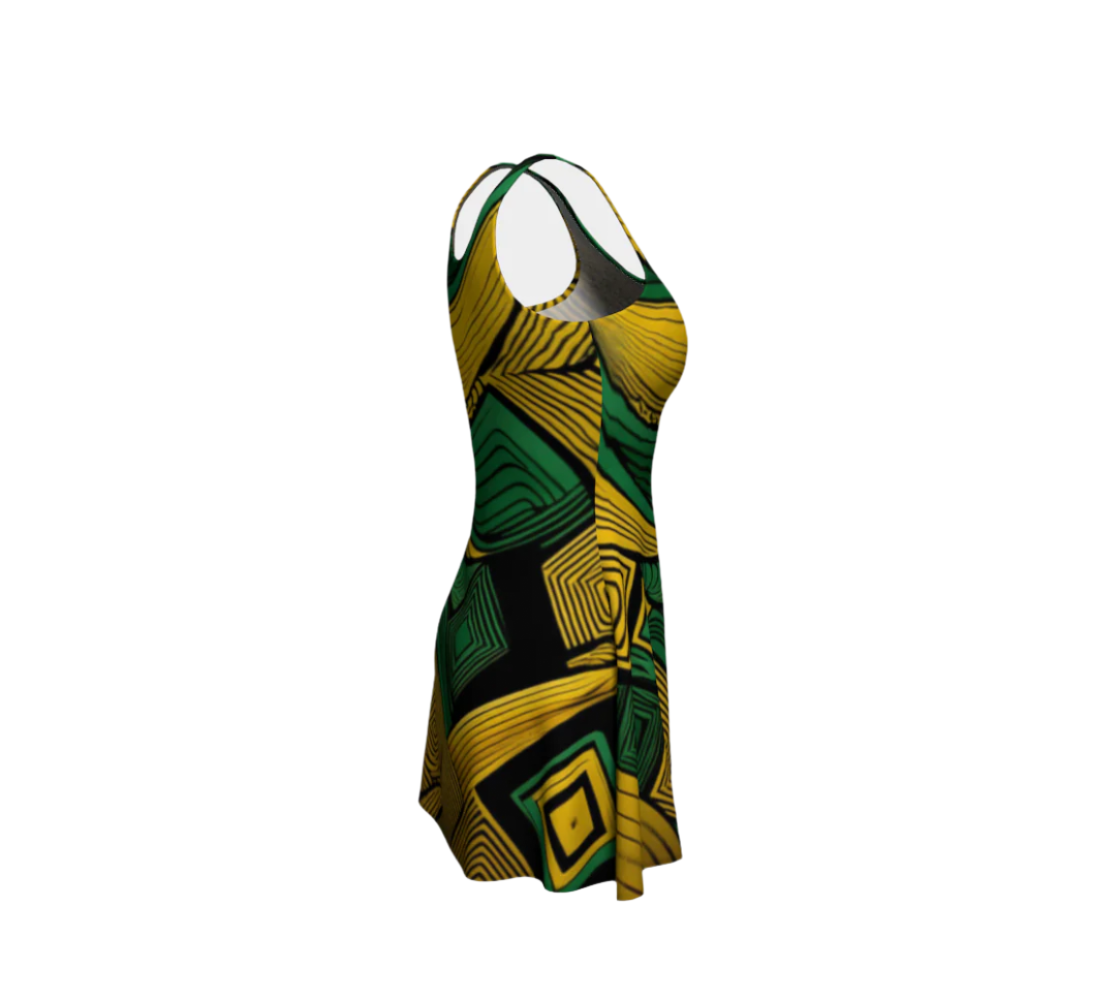 Luckeladybug vibrant patterned summer dress with green and yellow geometric flare design