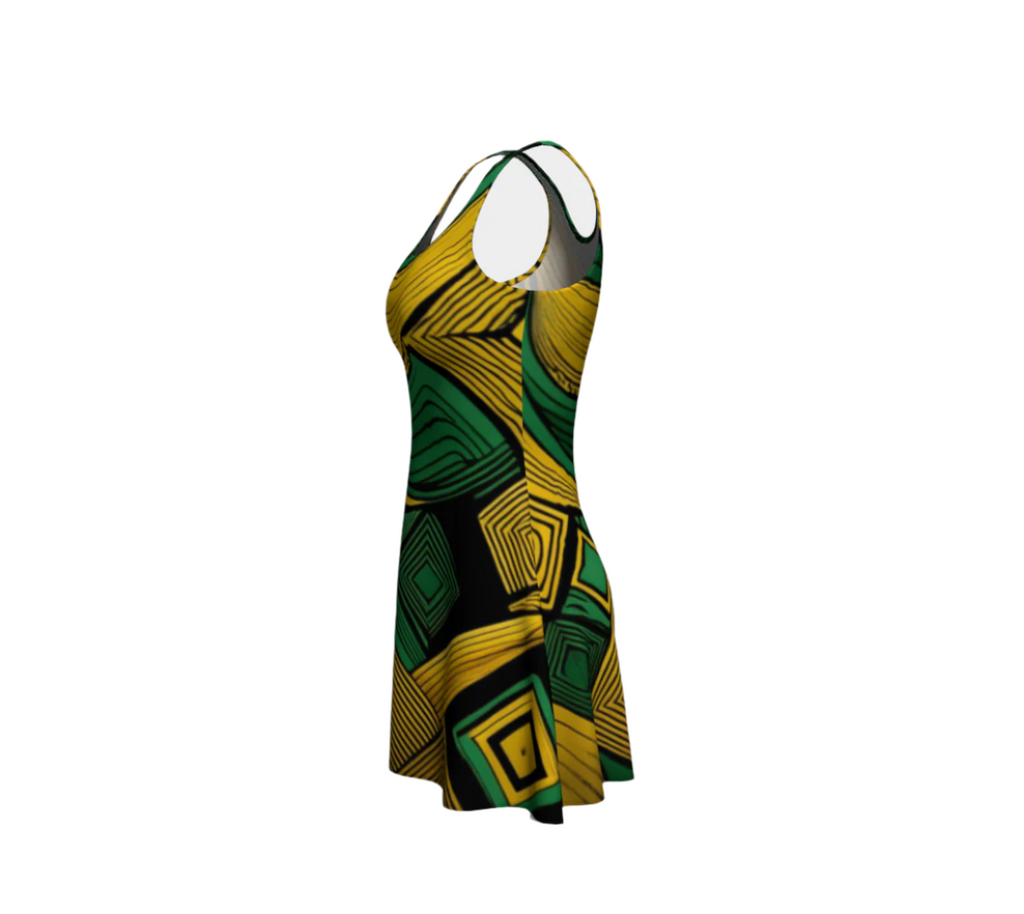 Luckeladybug vibrant patterned summer dress flare dress in green and yellow geometric design