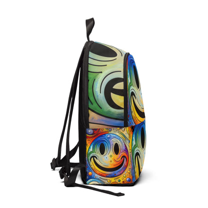 Side view of LuckeLadybug vibrant smiley face backpack with colorful, artistic smiley design and black straps