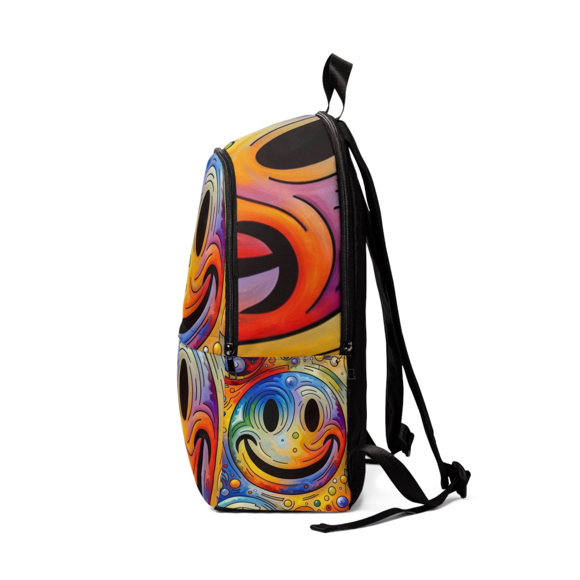 LuckeLadybug vibrant smiley face backpack with colorful abstract smiley design and adjustable straps