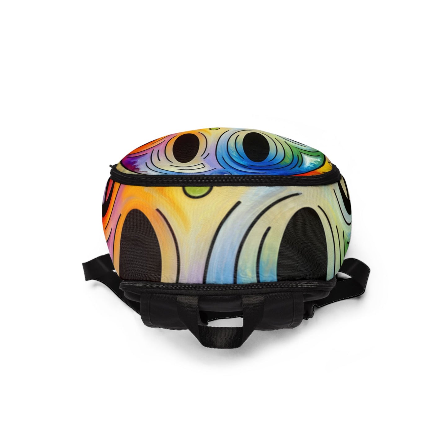 Front view of LuckeLadybug vibrant smiley face backpack with colorful abstract smile design and black straps