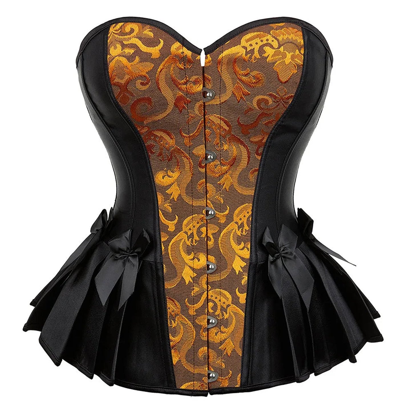 Black and gold Victorian corset top for women with decorative pattern and elegant bows