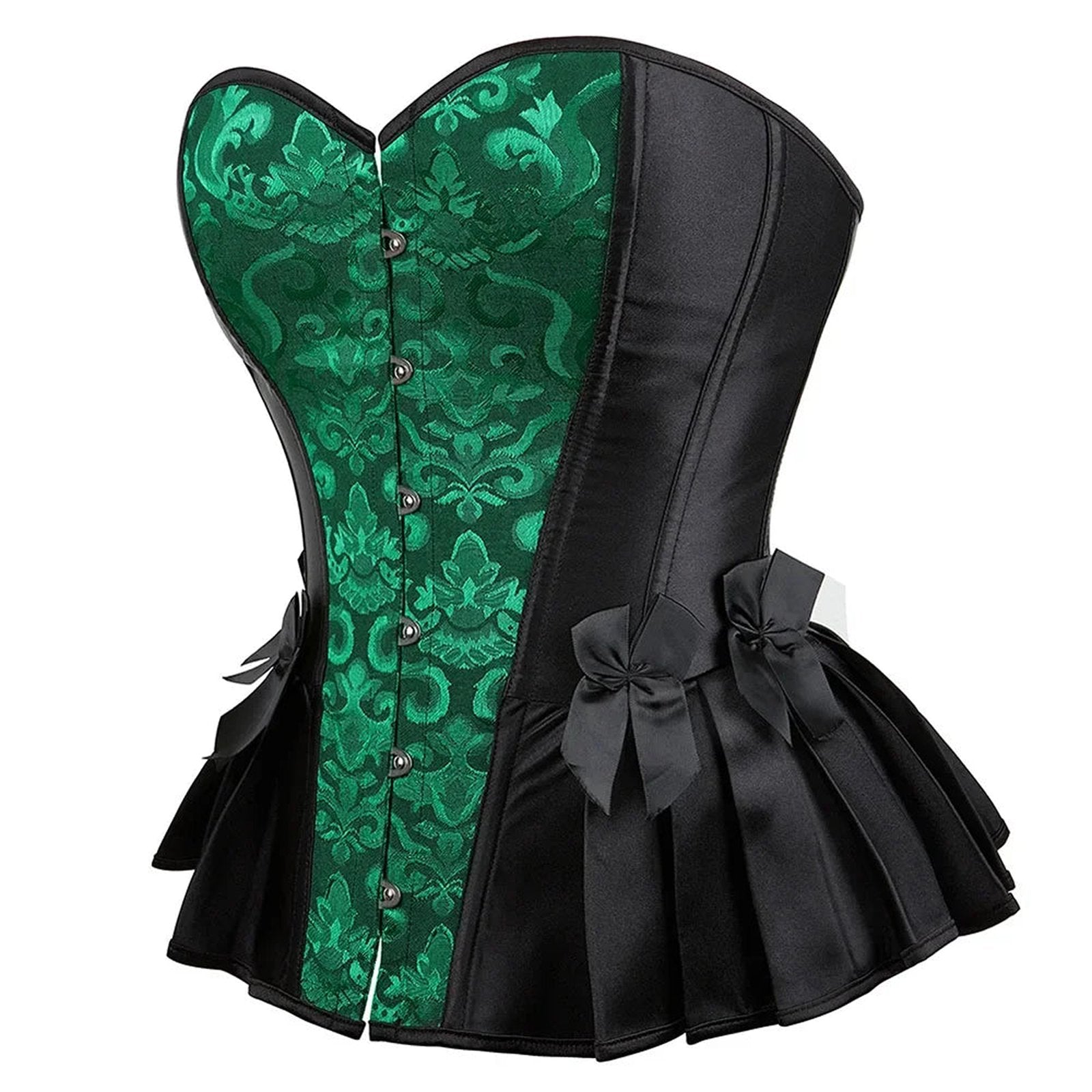 Elegant Victorian corset top for women featuring a green brocade design and ruffled black lace trim