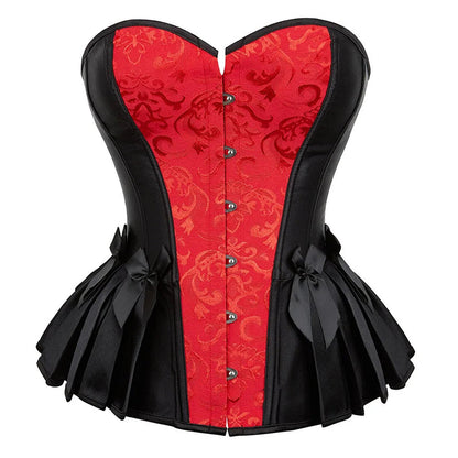 Elegant Victorian corset top for women with red and black design and decorative bows