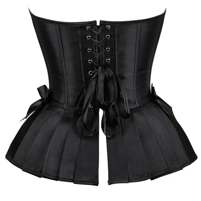 Black Victorian corset top for women with lace-up back and elegant pleated design