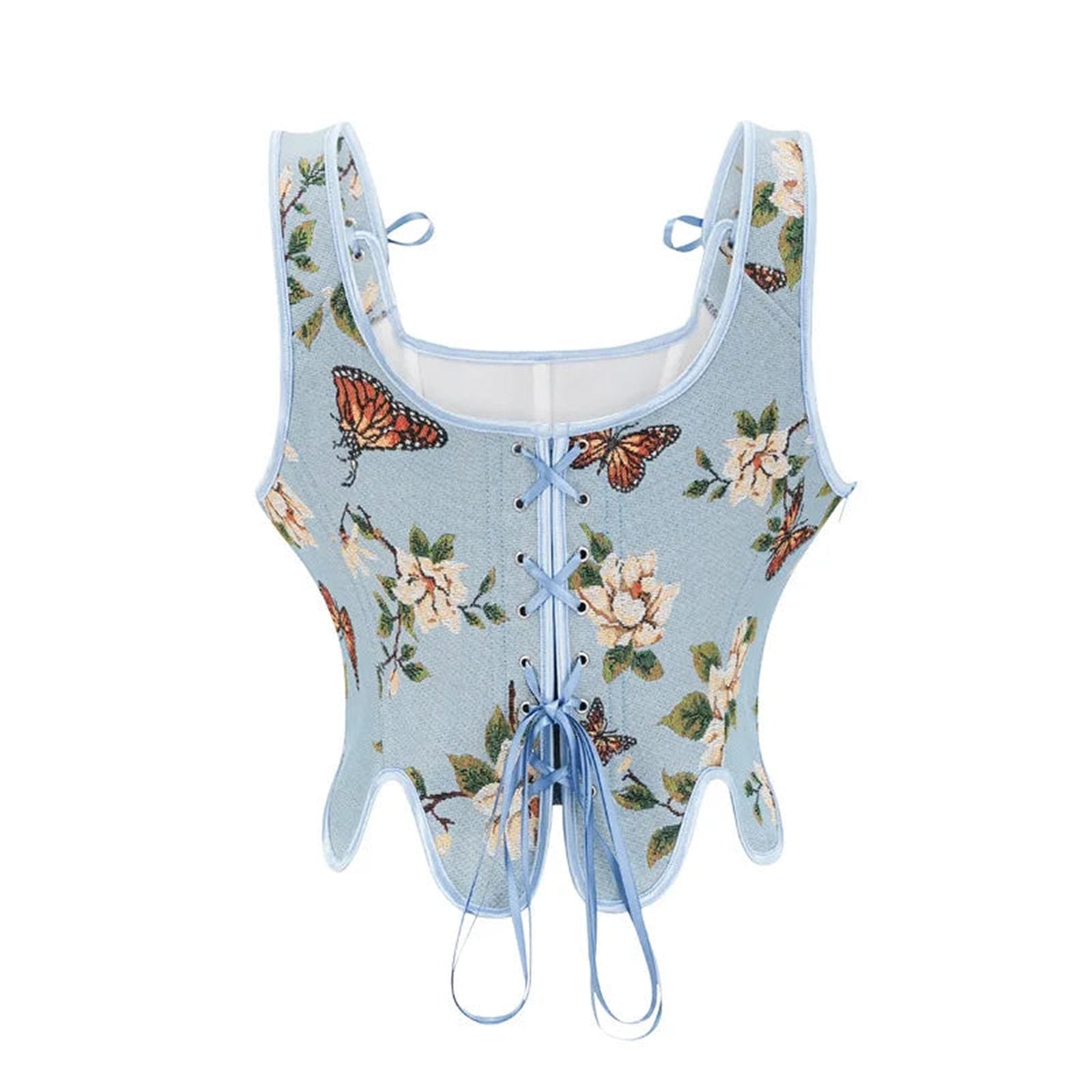 LuckeLadybug LLC Victorian corset top for women with butterfly and floral print details