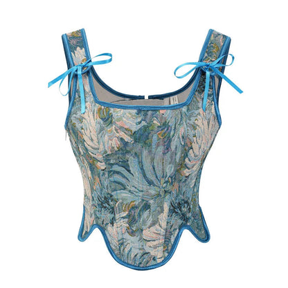 Beautiful floral printed Victorian corset top for women with bow-tie straps and a flattering silhouette