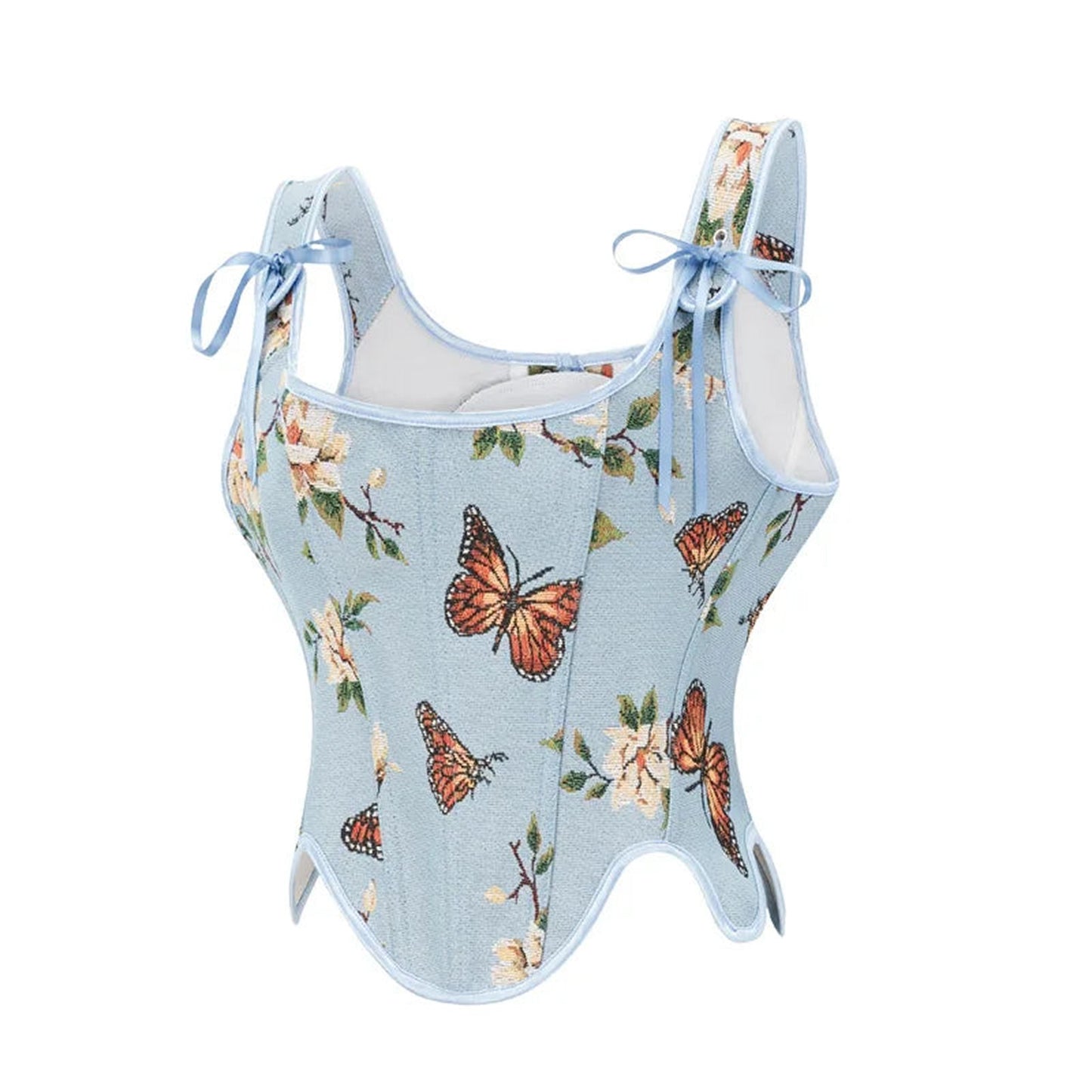 Vintage floral design Victorian corset top for women with butterfly prints and ribbon ties