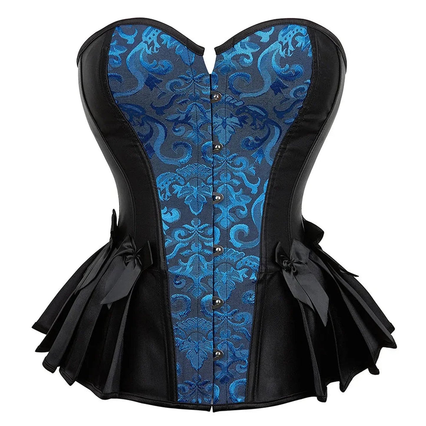 Victorian corset top for women featuring a blue and black design with elegant bows and a structured silhouette