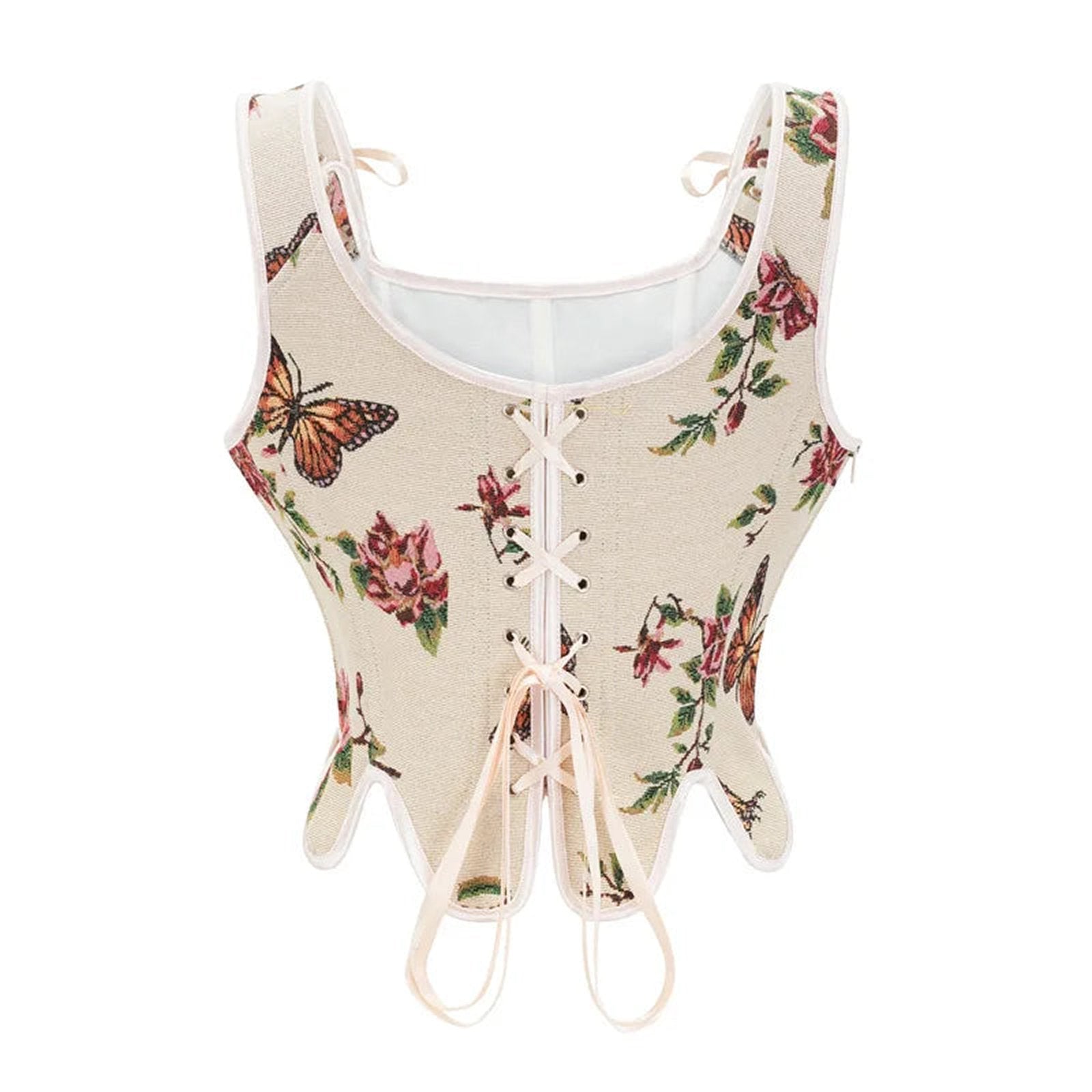 Floral Victorian corset top for women featuring butterfly patterns and lace-up detail