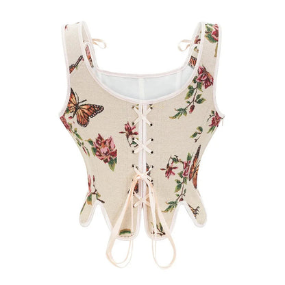 Floral Victorian corset top for women featuring butterfly patterns and lace-up detail
