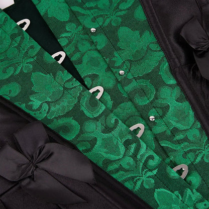 Elegant green floral Victorian corset top for women featuring lace-up design and satin bows