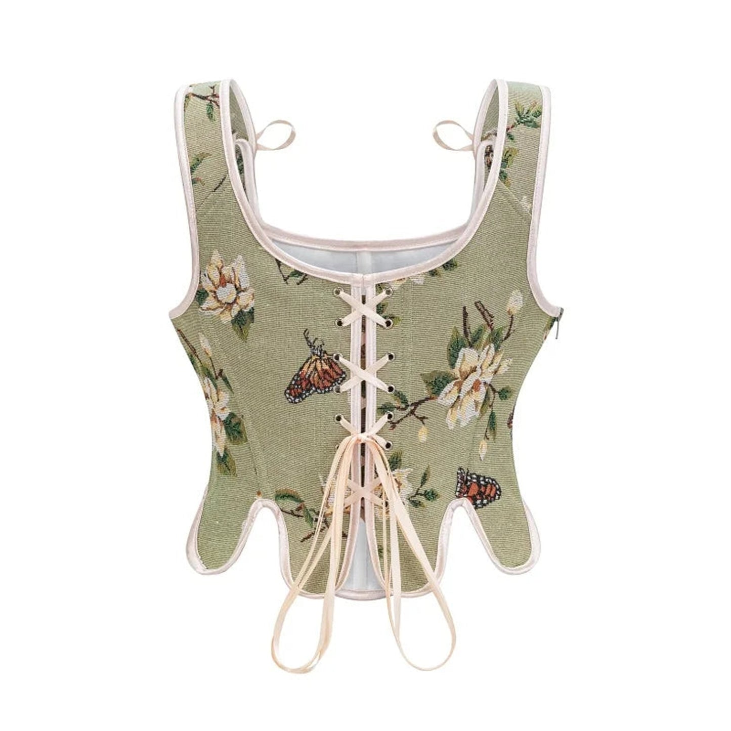 LuckeLadybug Victorian corset top for women in green floral print with lace-up front and adjustable ties