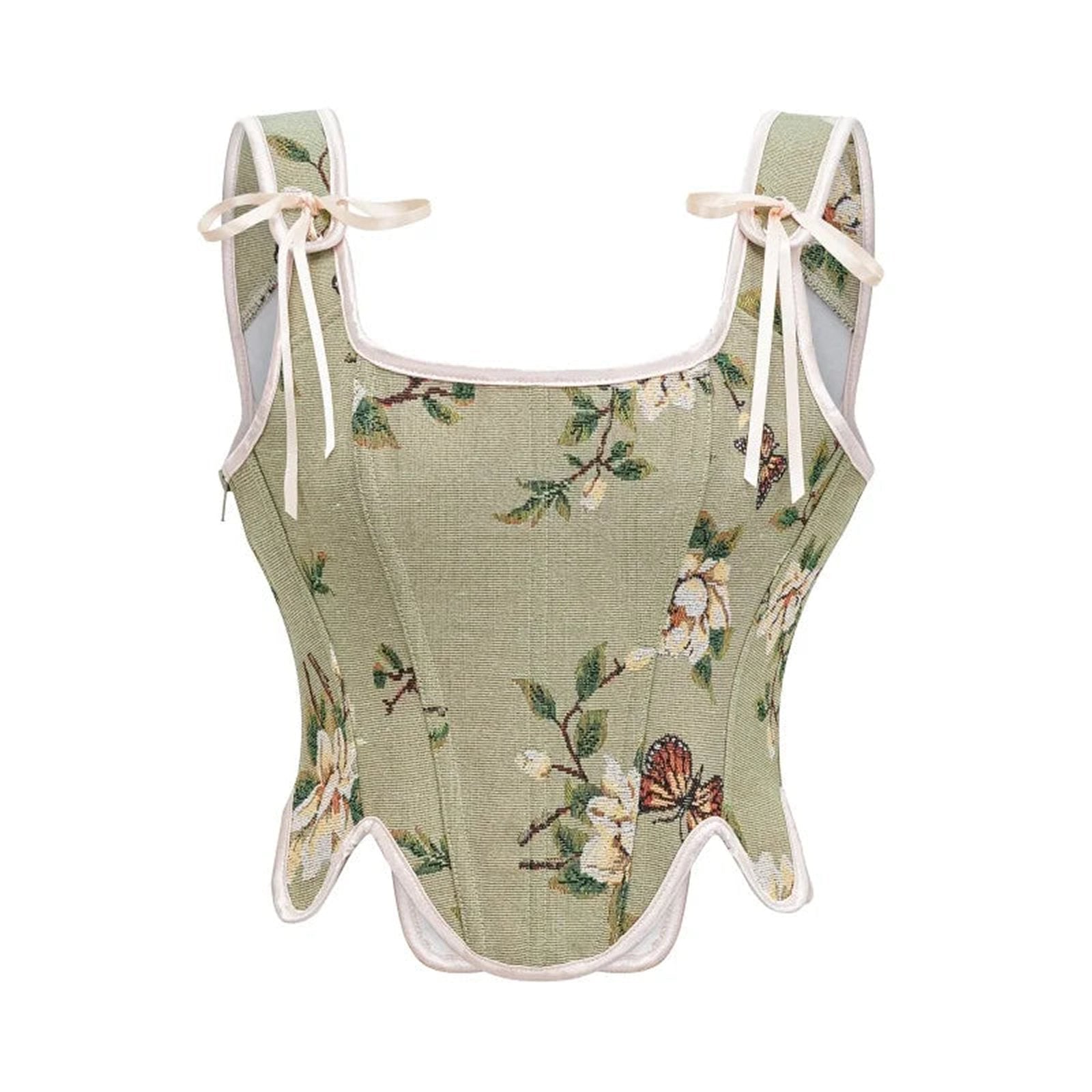 Green floral Victorian corset top for women with butterfly prints and adjustable straps
