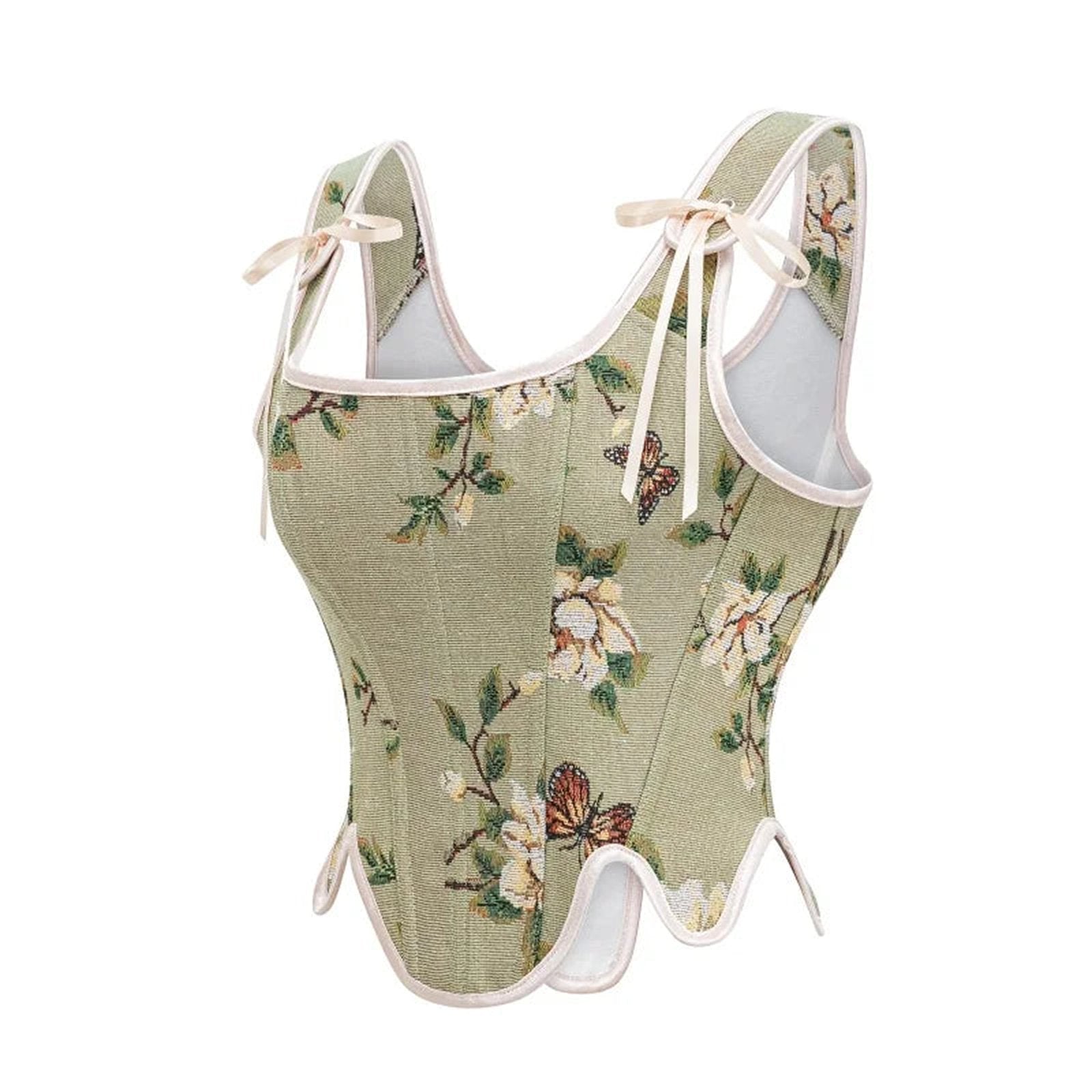 Elegantly designed Victorian corset top for women with floral print and tie details